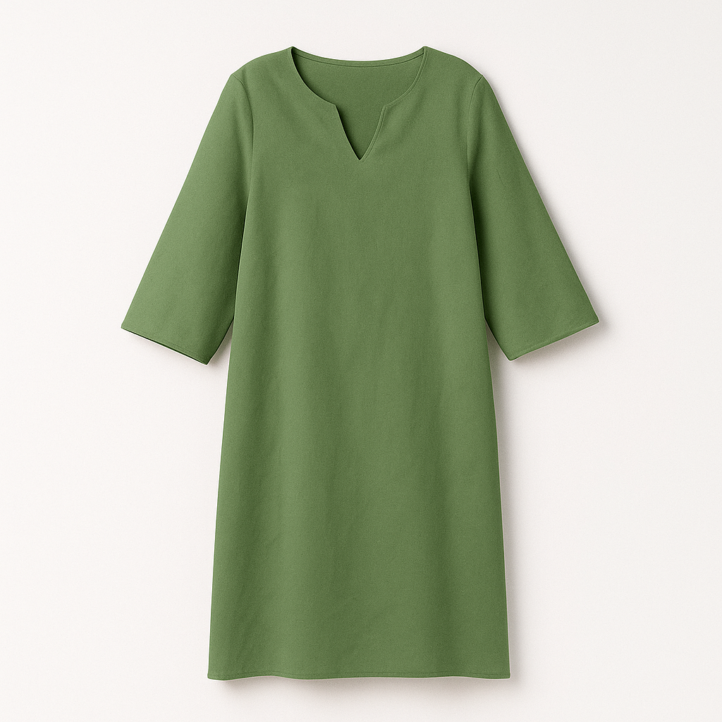 "Kvinnors elegant höstklänning med v-ringning, feminin stil, stilren design, perfekt för vardag och fest."