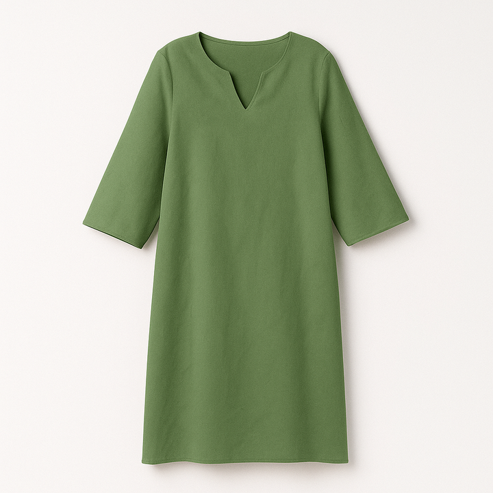 "Kvinnors elegant höstklänning med v-ringning, feminin stil, stilren design, perfekt för vardag och fest."