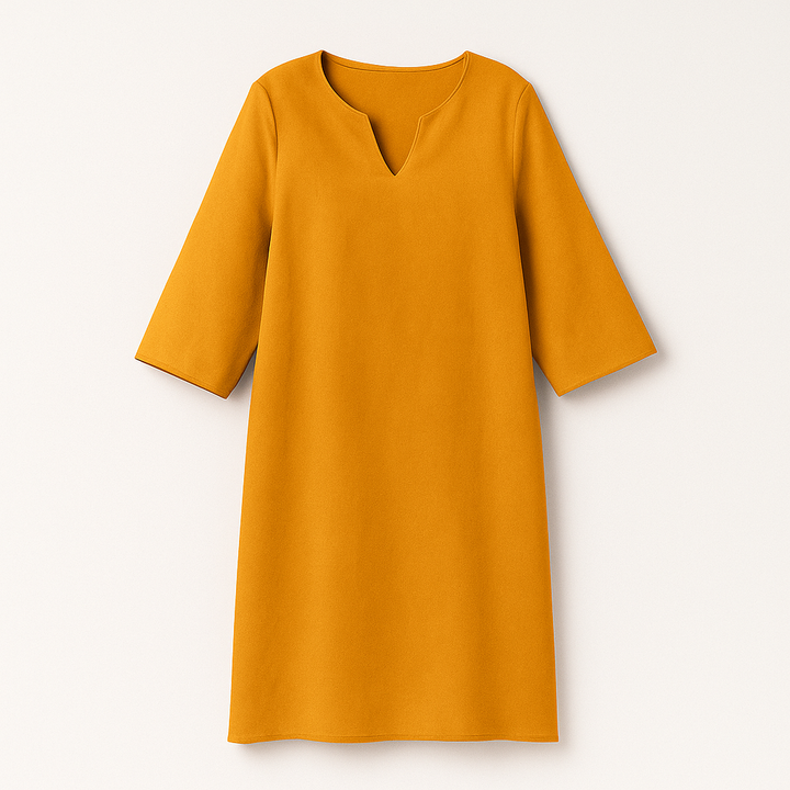 "Kvinnors elegant höstklänning med v-ringning, feminin stil, stilren design, perfekt för vardag och fest."