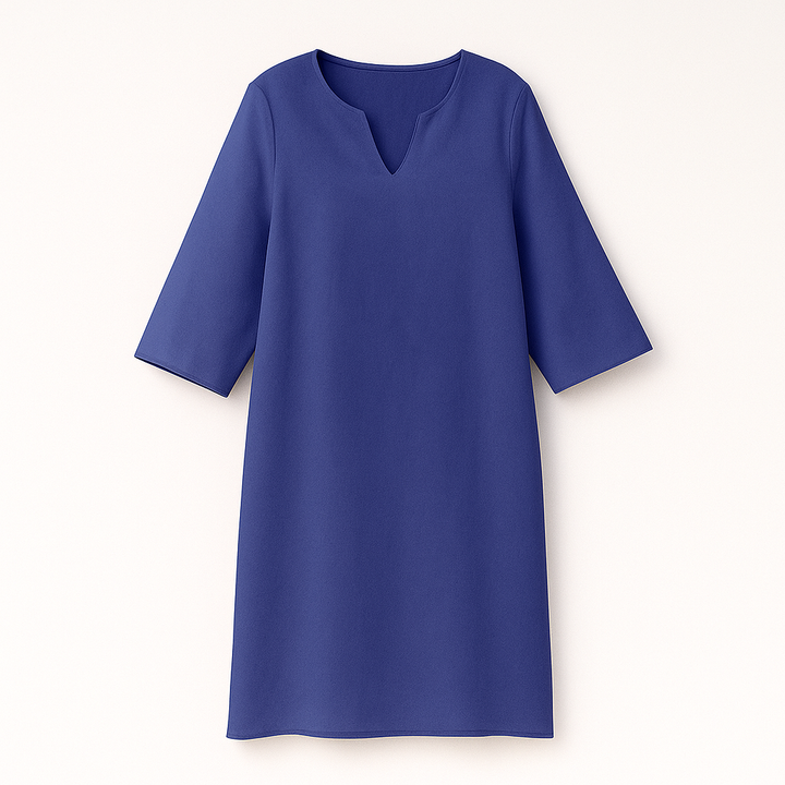 "Kvinnors elegant höstklänning med v-ringning, feminin stil, stilren design, perfekt för vardag och fest."