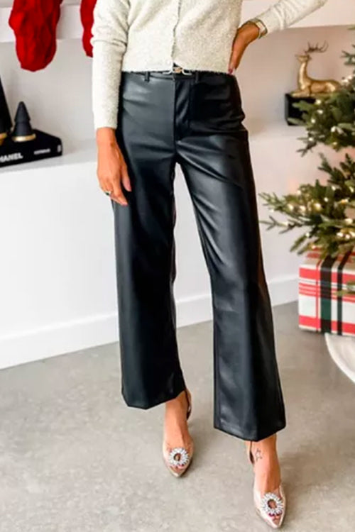 "Kvinnors eleganta konstläderbyxor med raka ben, modern finish, stilren silhuett och knappstängning för chic stil."
