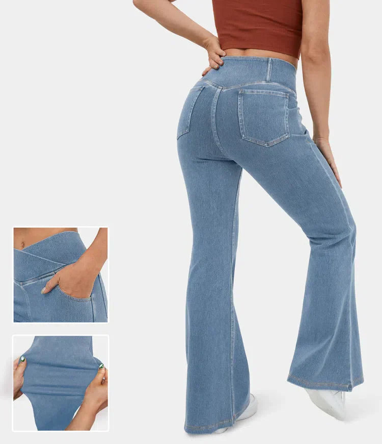 "Kvinnors flared byxor med hög midja, stretchigt material, elegant design, sofistikerad stil för alla tillfällen."