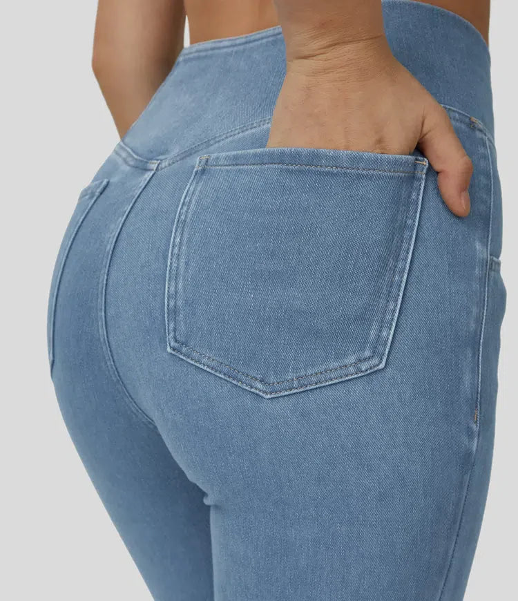 "Kvinnors flared byxor med hög midja, stretchigt material, elegant design, sofistikerad stil för alla tillfällen."