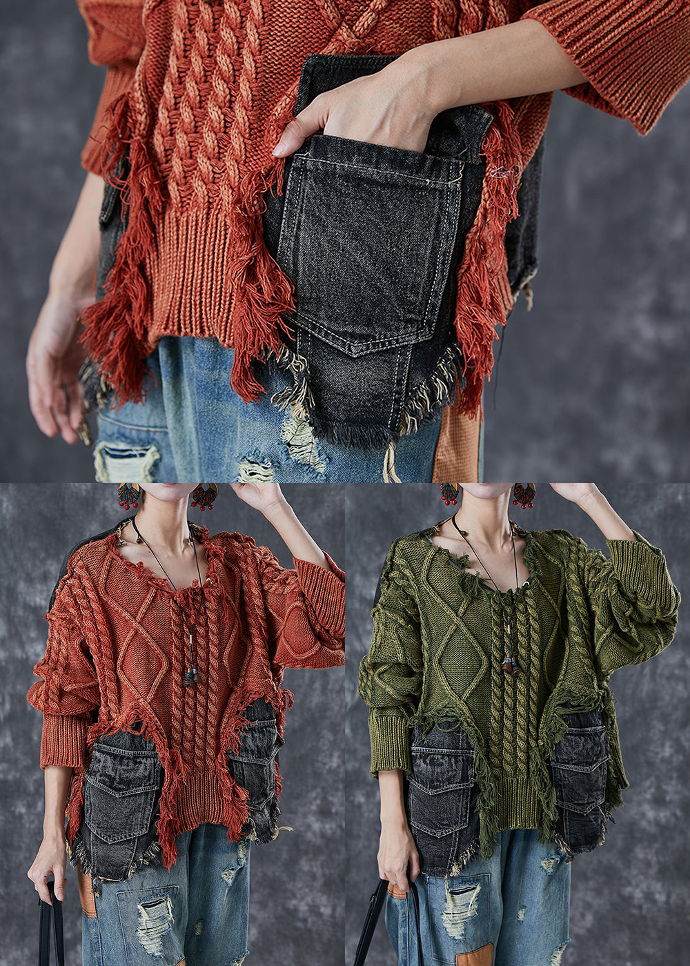 "Kvinnors grön asymmetrisk denimtröja med rippade detaljer, avslappnad passform för trendig vinterstil."