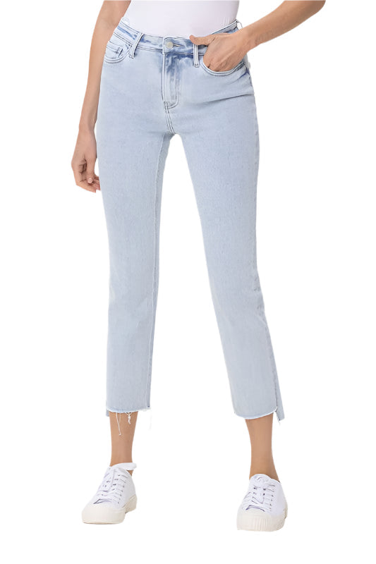 "Kvinnors höga midja raka jeans i ljus denim, elegant design med rak benform för stil och komfort."