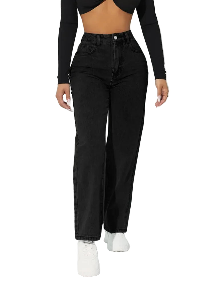 "Kvinnors högmidjade raka ben jeans i ljusblått och svart, smickrande passform, elegant stil och komfort för alla tillfällen.