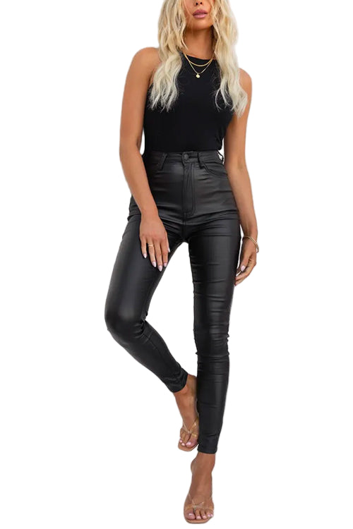 "Kvinnors högmidjade slim fit byxor i svart, elegant design, framhäver silhuetten, stretchigt material för komfort."