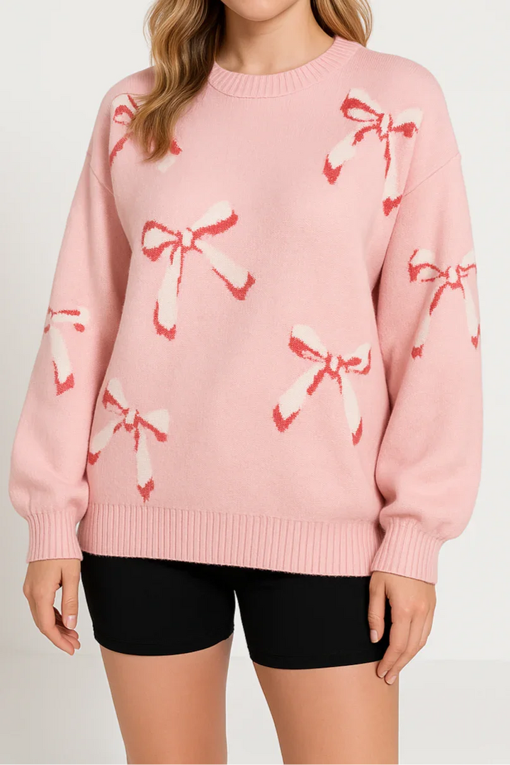 "Kvinnors jacquard oversized tröja, rund hals, elegant mönster, bekväm passform, perfekt för höstmode."