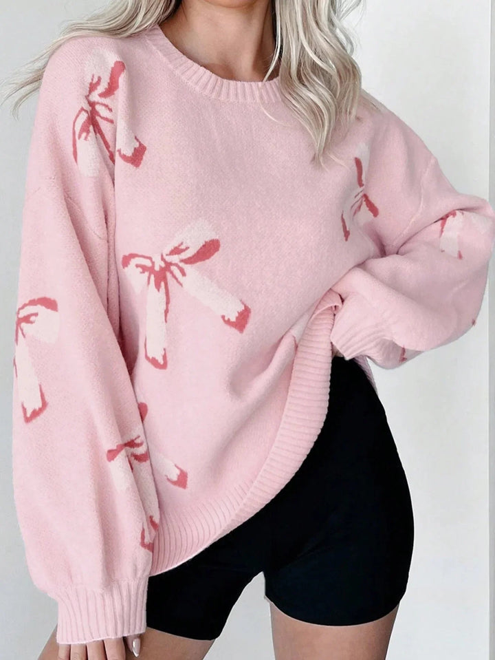 "Kvinnors jacquard oversized tröja, rund hals, elegant mönster, bekväm passform, perfekt för höstmode."