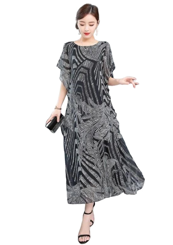 Kvinnors kaftan klänning i chiffong, O-hals, mönstrad, luftig och elegant design, perfekt för sommar och fest.