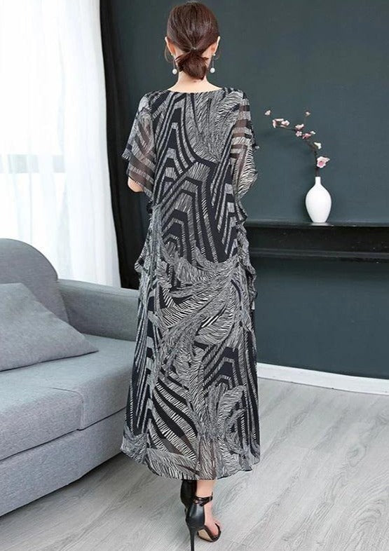 Kvinnors kaftan klänning i chiffong, O-hals, mönstrad, luftig och elegant design, perfekt för sommar och fest.
