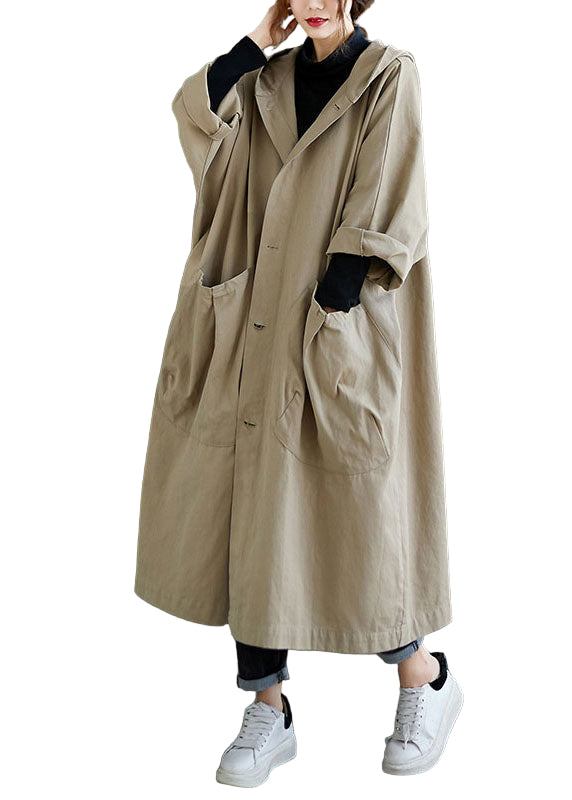 Kvinnors khakifärgad vinterkappa med huva och fickor, elegant loose fit, för vår- och höstsäsong.