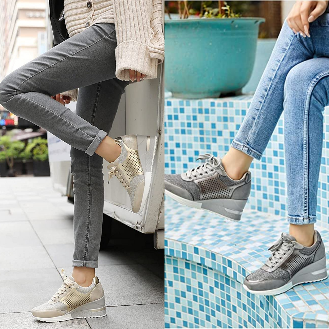 "Kvinnors kilklack sneakers i elegant design med neutrala färger, perfekt för både vardagsstil och formella tillfällen."