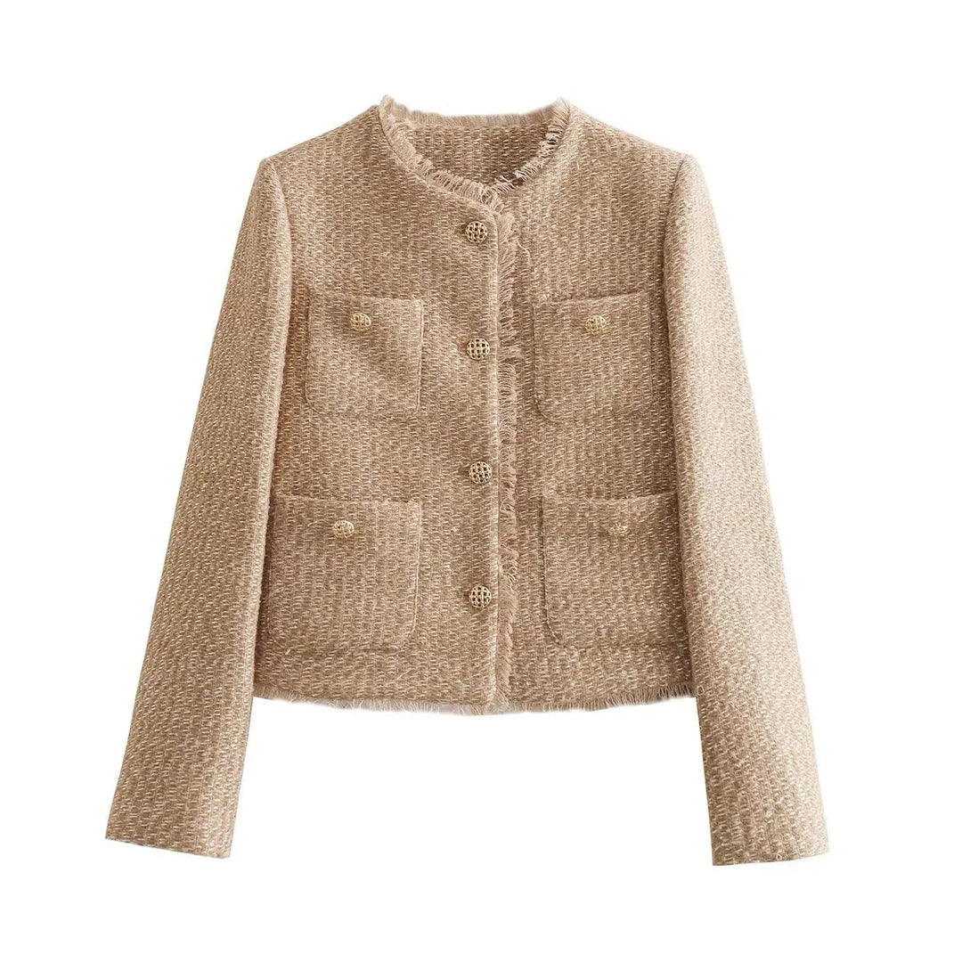 "Kvinnors klassiska vinterjacka i tweedliknande textil, trendig design, elegant och slimad, idealisk för vinterdagar."