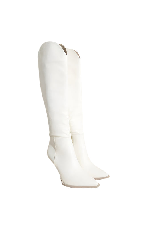 "Kvinnors knähöga vita cowboystövlar, elegant västerländsk stil, hållbart material, perfekt för olika outfits."