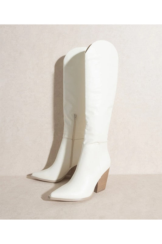 "Kvinnors knähöga vita cowboystövlar, elegant västerländsk stil, hållbart material, perfekt för olika outfits."