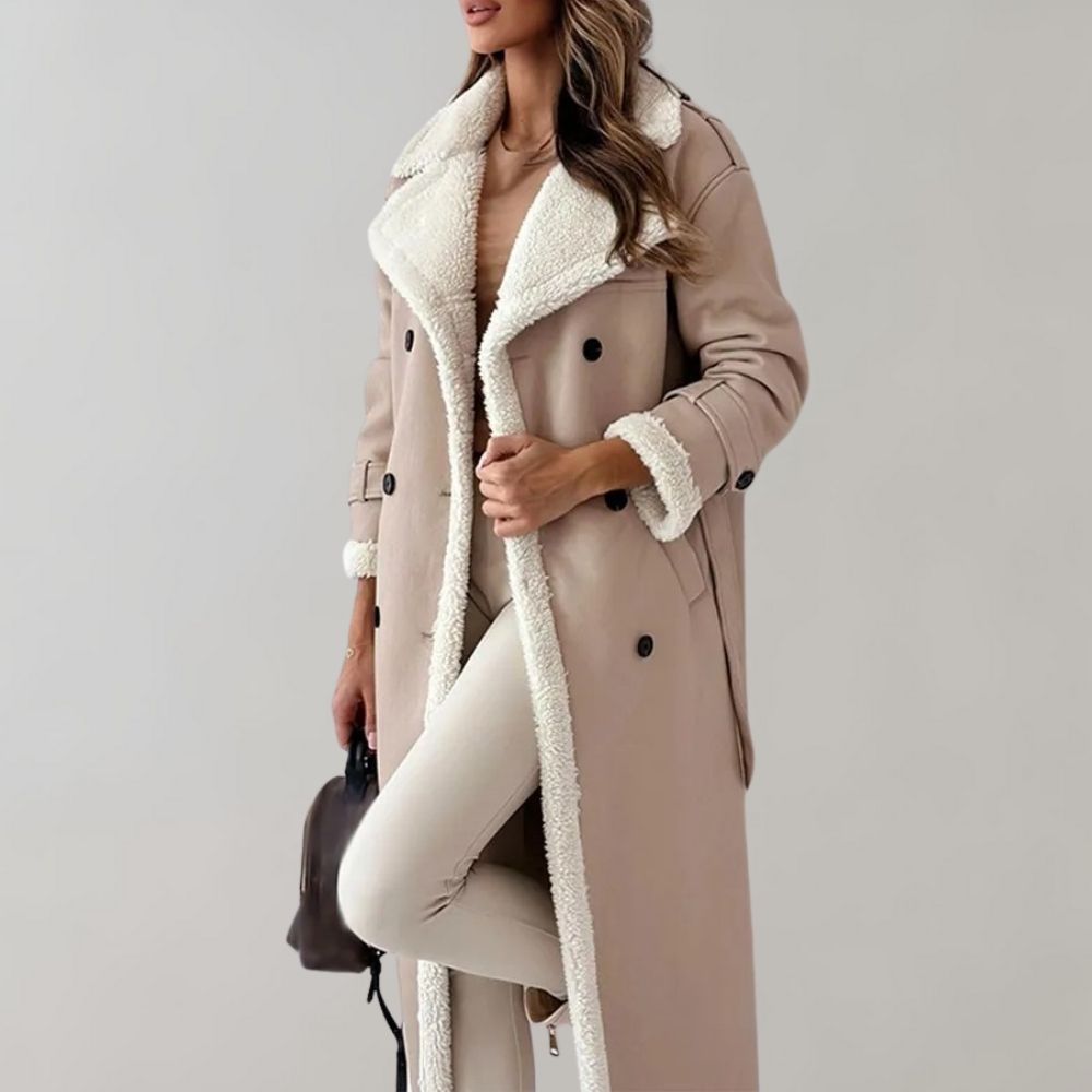 "Kvinnors lång vinterjacka framifrån, elegant och modern, vind- och vattentålig; svart, ljusbrun, beige eller brun."