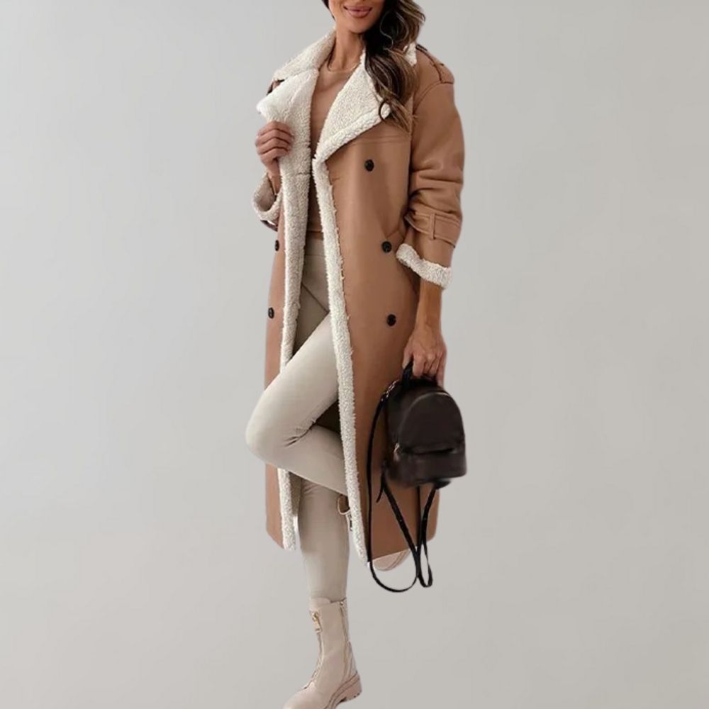 "Kvinnors lång vinterjacka framifrån, elegant och modern, vind- och vattentålig; svart, ljusbrun, beige eller brun."