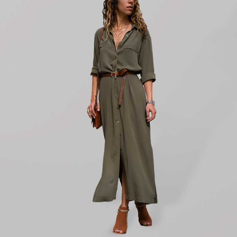 "Kvinnors långärmad skjortstil maxi klänning i polyester, tidlös design med skjortkrage, perfekt för alla tillfällen."