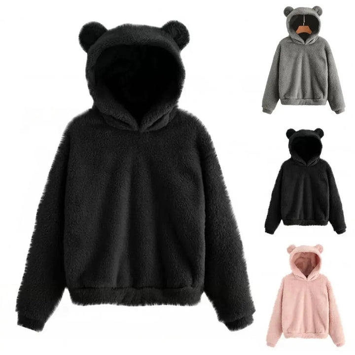 "Kvinnors mjuk hoodie med kaninöron, stilren design i ljus färg, lång ärm för komfort och värme, perfekt för utomhusaktivitet