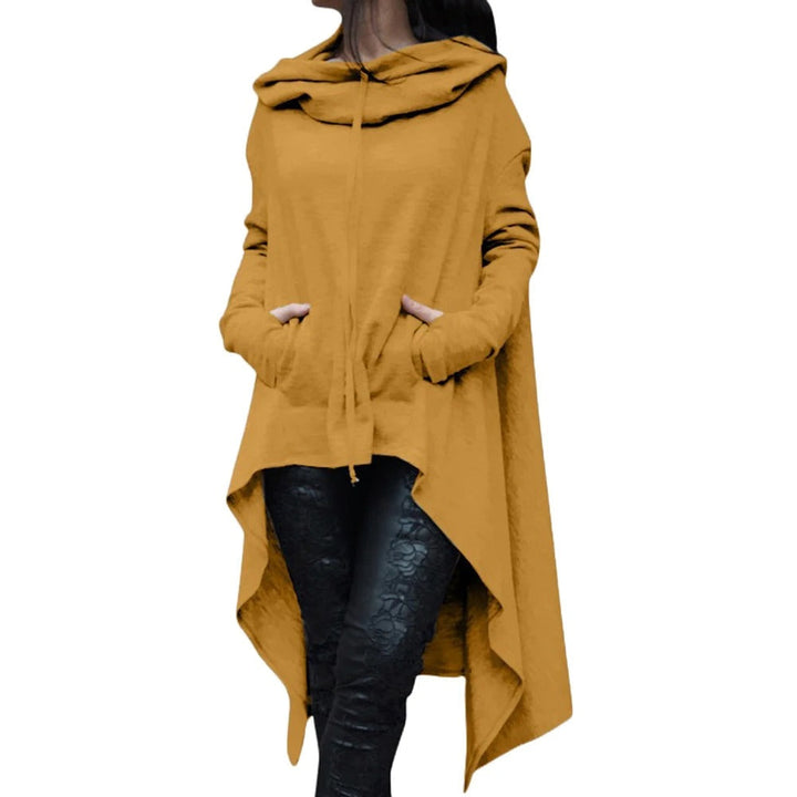 "Kvinnors modern bomullshoodie med asymmetrisk design och fishtail-fåll, perfekt för stil och komfort, i flera färger."