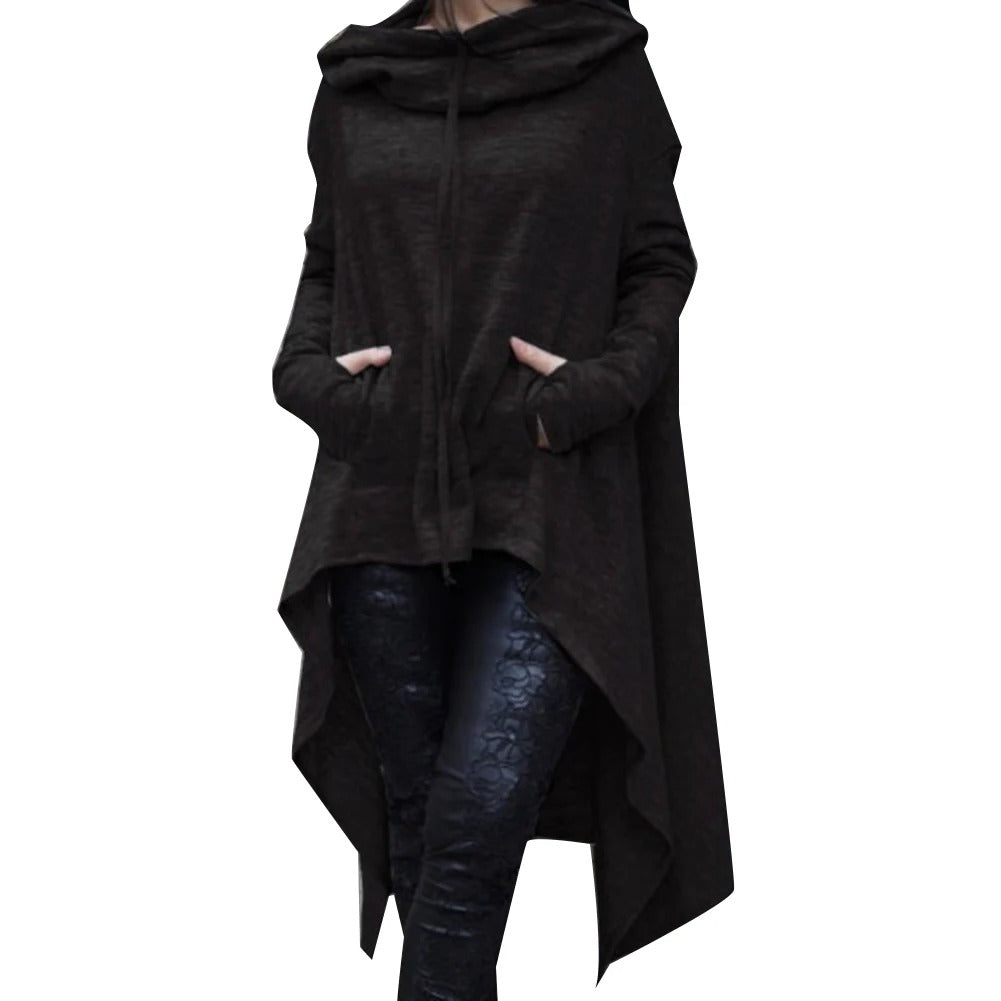 "Kvinnors modern bomullshoodie med asymmetrisk design och fishtail-fåll, perfekt för stil och komfort, i flera färger."