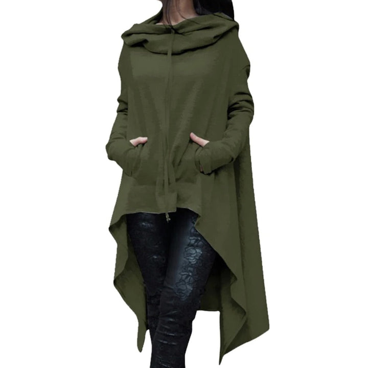 "Kvinnors modern bomullshoodie med asymmetrisk design och fishtail-fåll, perfekt för stil och komfort, i flera färger."