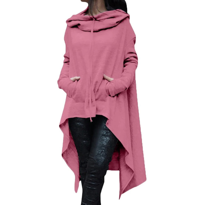 "Kvinnors modern bomullshoodie med asymmetrisk design och fishtail-fåll, perfekt för stil och komfort, i flera färger."