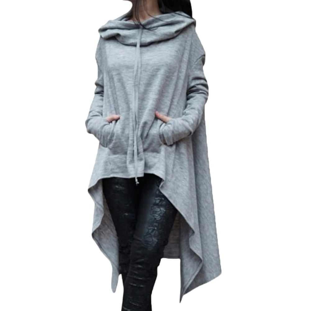 "Kvinnors modern bomullshoodie med asymmetrisk design och fishtail-fåll, perfekt för stil och komfort, i flera färger."