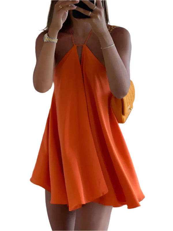 "Kvinnors orange A-linje mini klänning med djup V-hals, rygglös med spagettiband, idealisk för vår och sommar."