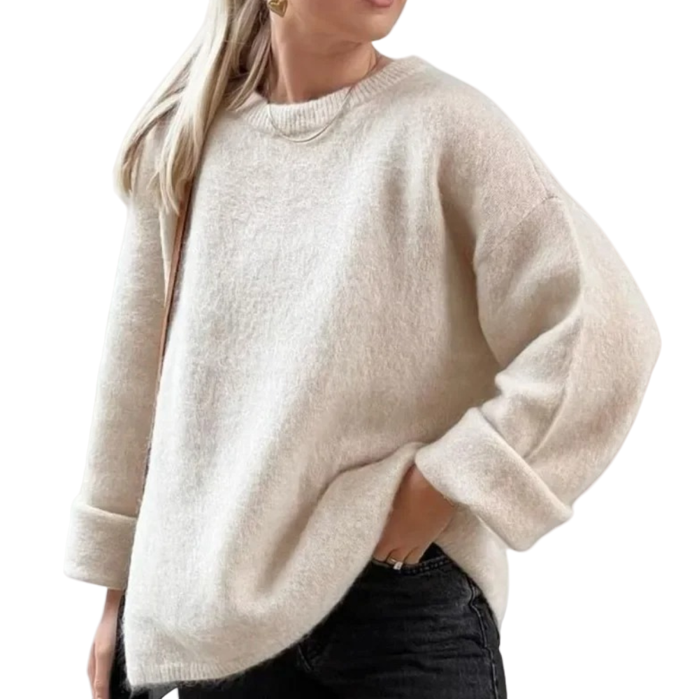Kvinnors oversizetröja i beige och blå med långa ärmar, avslappnad passform för stil och komfort, perfekt för alla säsonger.