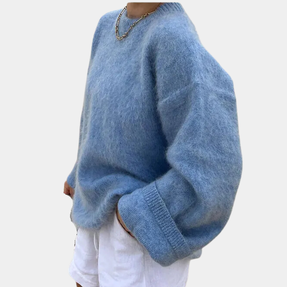 Kvinnors oversizetröja i beige och blå med långa ärmar, avslappnad passform för stil och komfort, perfekt för alla säsonger.