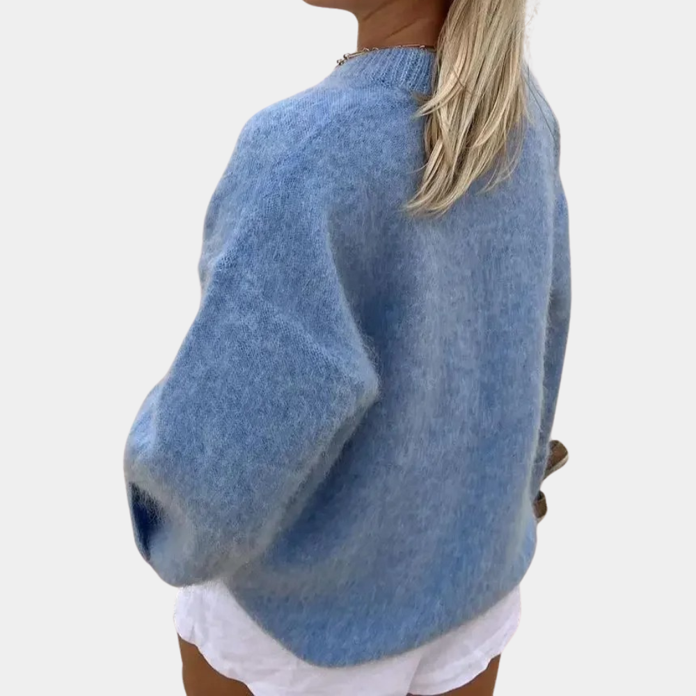 Kvinnors oversizetröja i beige och blå med långa ärmar, avslappnad passform för stil och komfort, perfekt för alla säsonger.