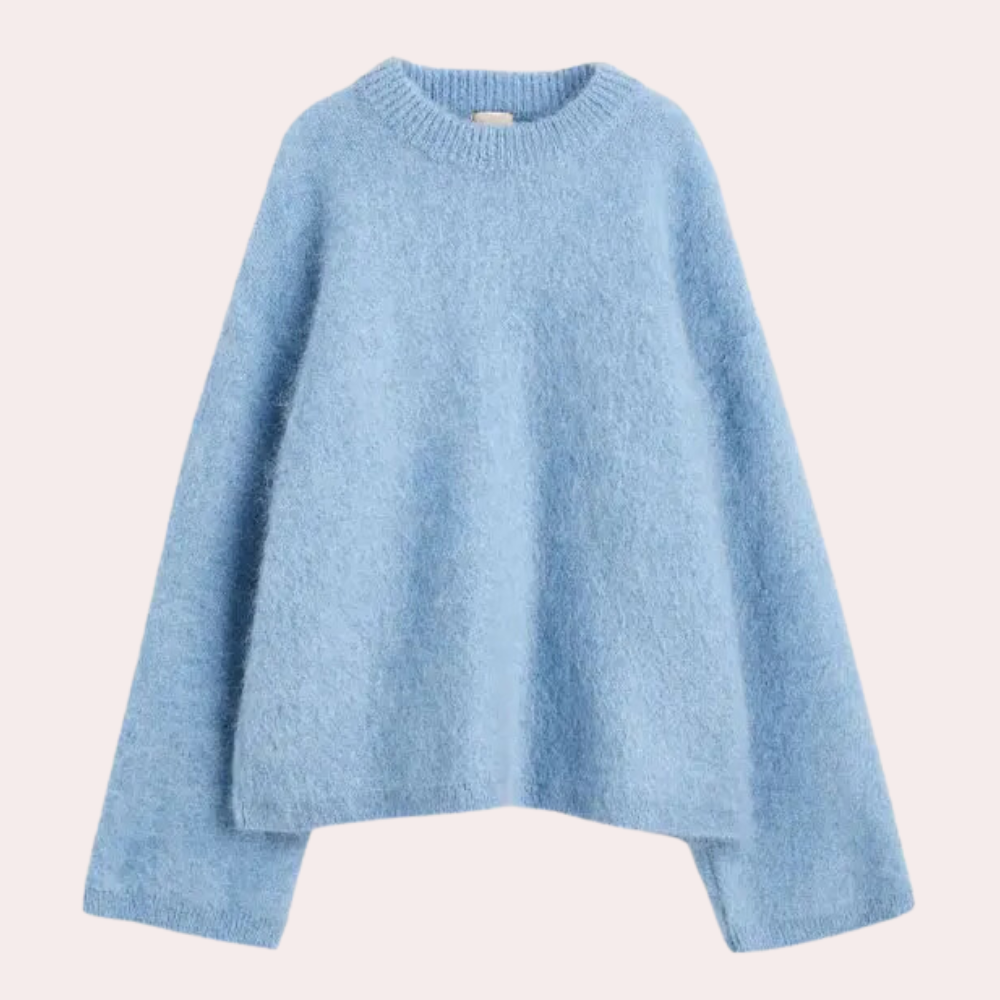 Kvinnors oversizetröja i beige och blå med långa ärmar, avslappnad passform för stil och komfort, perfekt för alla säsonger.