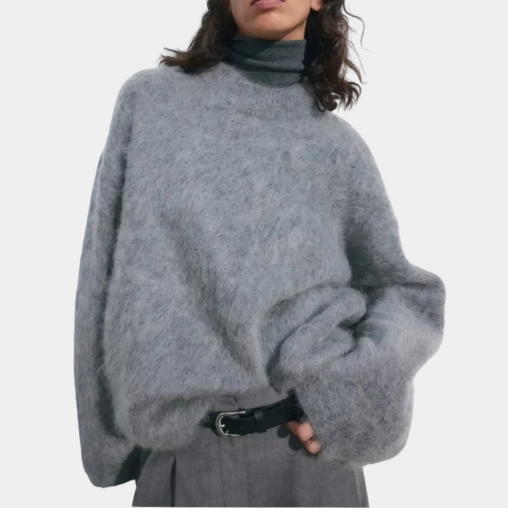 Kvinnors oversizetröja i beige och blå med långa ärmar, avslappnad passform för stil och komfort, perfekt för alla säsonger.