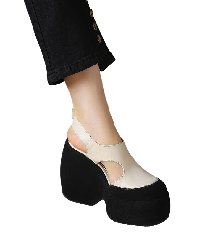 Kvinnors plattform sandaler med ihålig design, sandalfot i brunt kohudsläder, 12 cm plattformsklack.