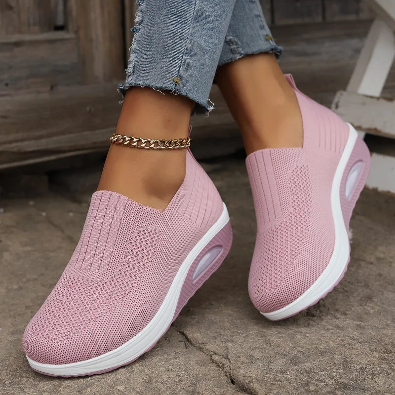"Kvinnors plattform sneakers i andningsbart tyg, elegant design, grå färg med vit plattform och non-slip sula"