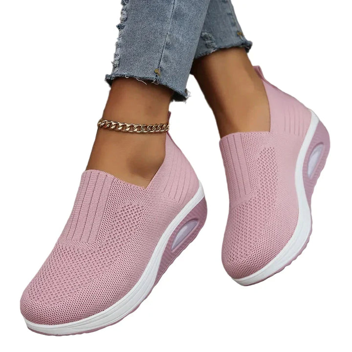 "Kvinnors plattform sneakers i andningsbart tyg, elegant design, grå färg med vit plattform och non-slip sula"