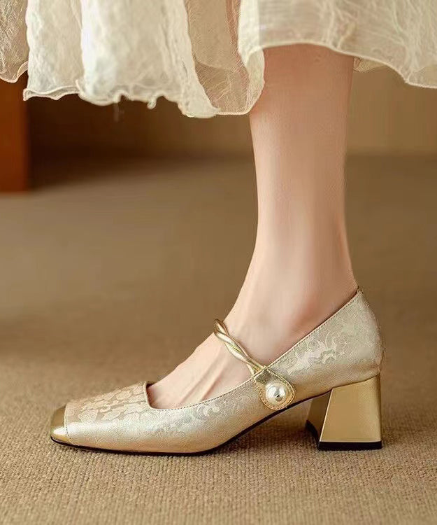 Kvinnors retro loafers med chunky häl och spännband, grön, guld och svart; elegant design, bekväm för alla tillfällen.