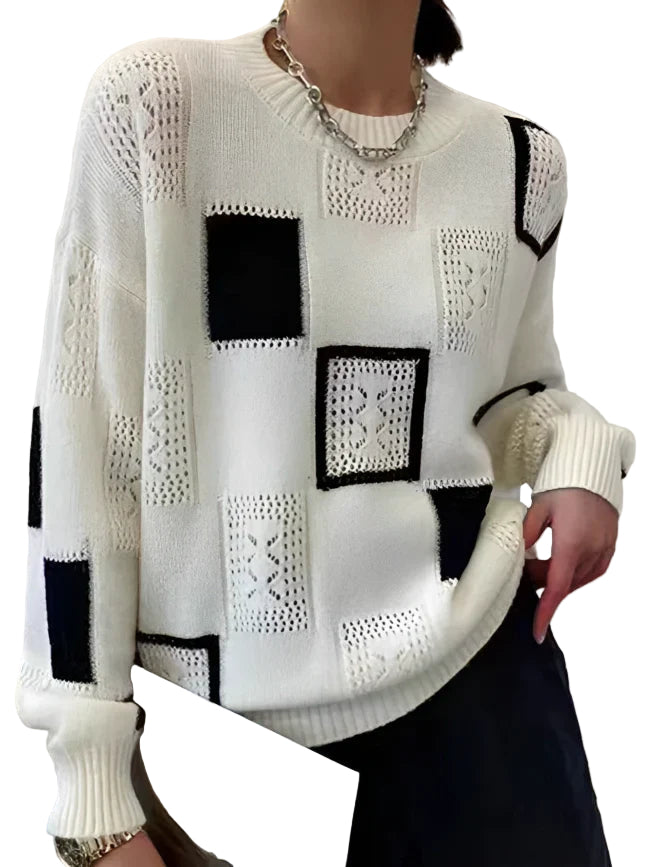"Kvinnors retro patchwork tröja med rund hals, elegant design, varma färger, idealisk för stil och komfort."