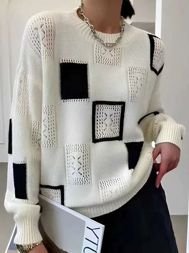 "Kvinnors retro patchwork tröja med rund hals, elegant design, varma färger, idealisk för stil och komfort."