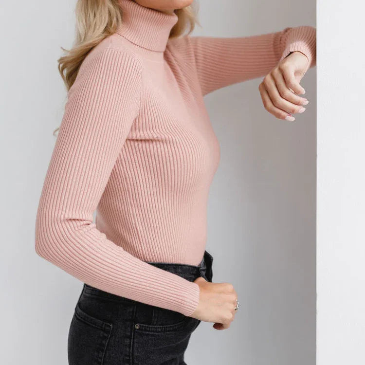 "Kvinnors ribbad polotröja med mysig krage, elegant design, perfekt för både formella och avslappnade tillfällen."