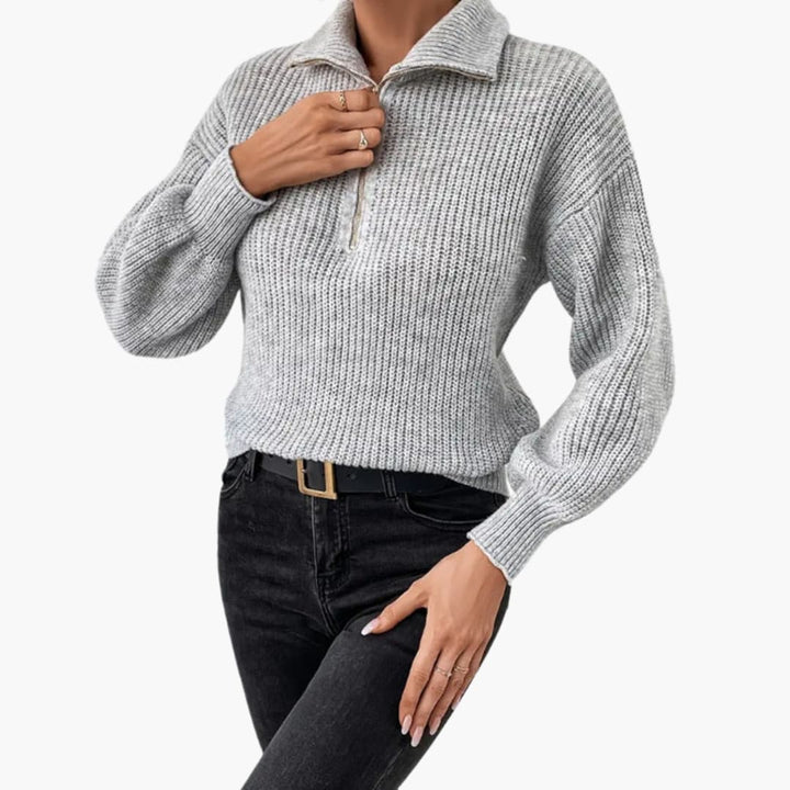 Kvinnors ribbstickad halvzip-tröja, elegant och varm med ståkrage och långa ärmar, perfekt för höst och vinter.
