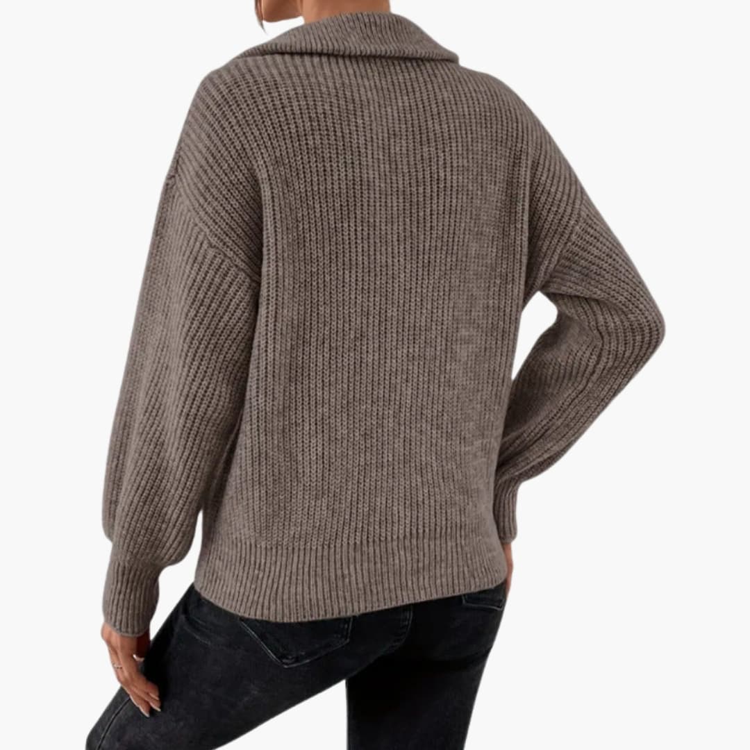 Kvinnors ribbstickad halvzip-tröja, elegant och varm med ståkrage och långa ärmar, perfekt för höst och vinter.