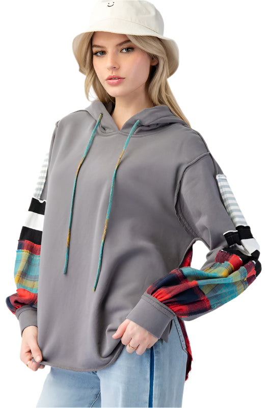 "Kvinnors rutig terry hoodie, mjukt material, trendig stil, huvudficka, avslappnad passform, idealisk för alla aktiviteter."