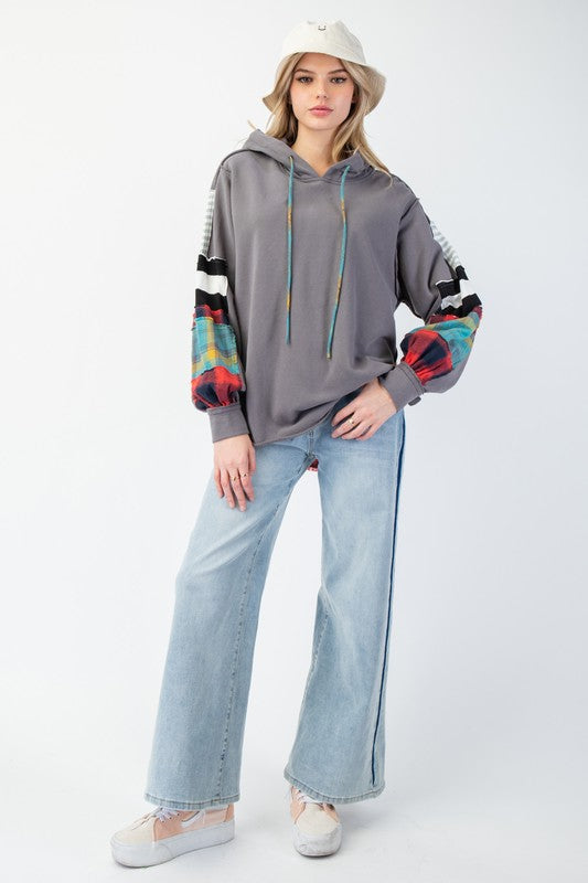 "Kvinnors rutig terry hoodie, mjukt material, trendig stil, huvudficka, avslappnad passform, idealisk för alla aktiviteter."