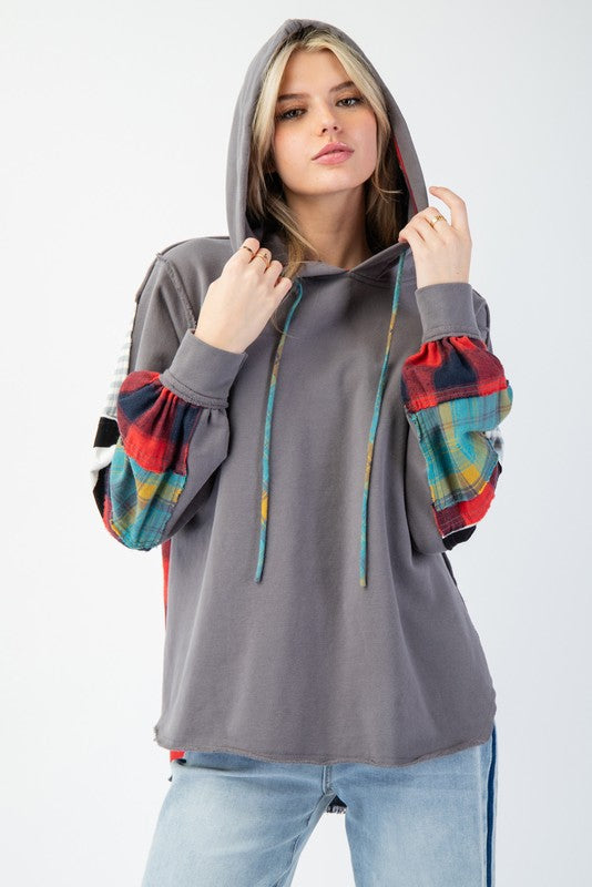 "Kvinnors rutig terry hoodie, mjukt material, trendig stil, huvudficka, avslappnad passform, idealisk för alla aktiviteter."