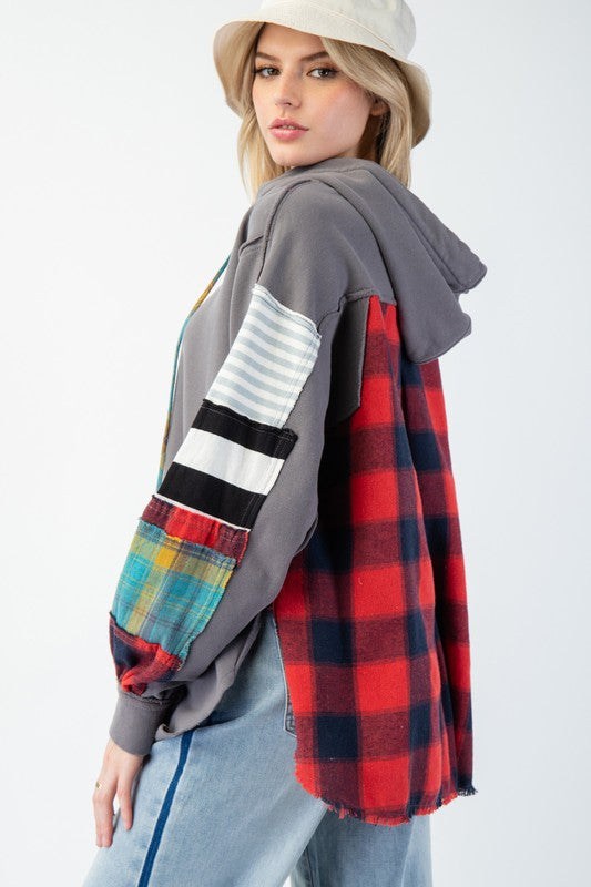 "Kvinnors rutig terry hoodie, mjukt material, trendig stil, huvudficka, avslappnad passform, idealisk för alla aktiviteter."