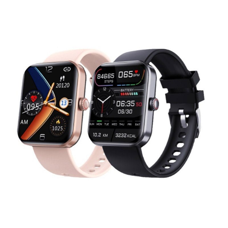 Kvinnors smarta hälsoklocka i rosa och svart med pulsmätning och fitnessfunktioner.