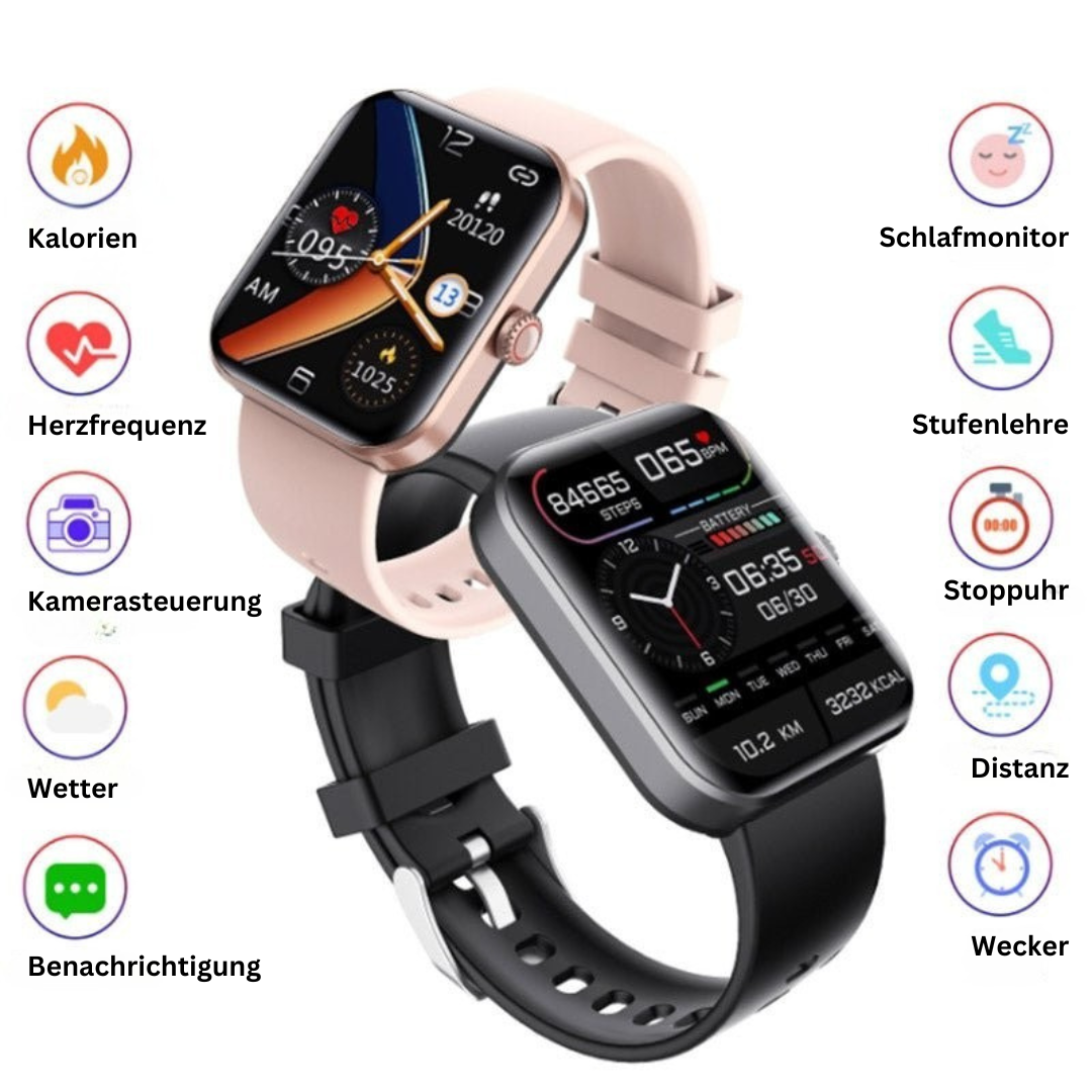 Kvinnors smarta hälsoklocka i rosa och svart med pulsmätning och fitnessfunktioner.